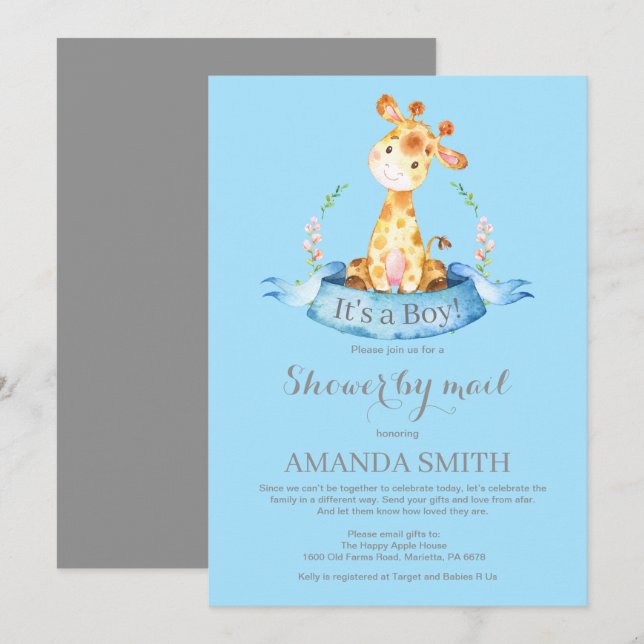 Boy Giraffe Baby Shower by Mail Invitation (Front/Back)