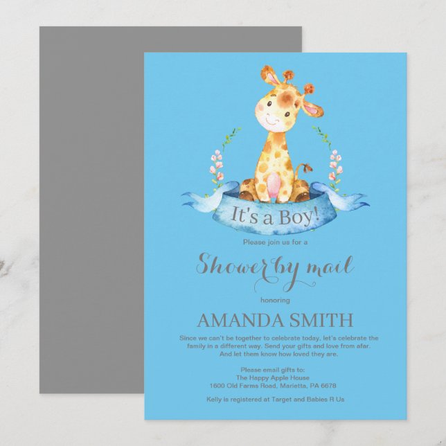Boy Giraffe Baby Shower by Mail Invitation (Front/Back)