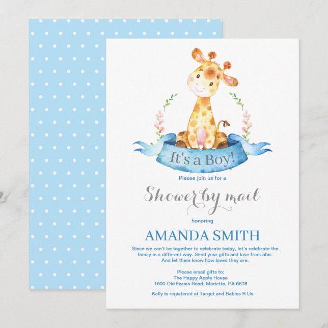 Boy Giraffe Baby Shower by Mail Invitation (Front/Back)