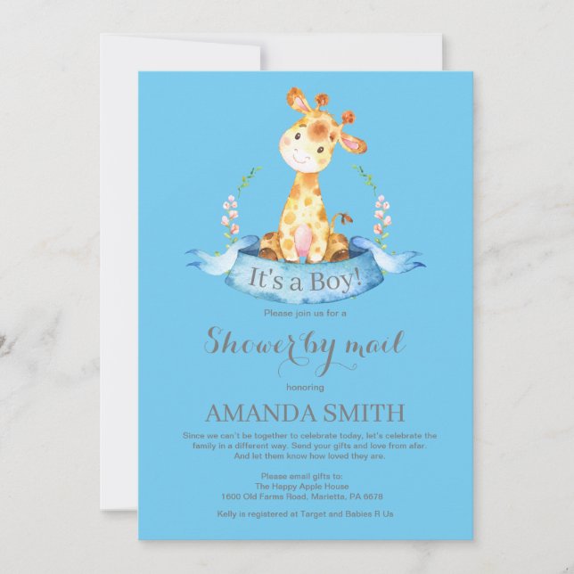 Boy Giraffe Baby Shower by Mail Invitation (Front)