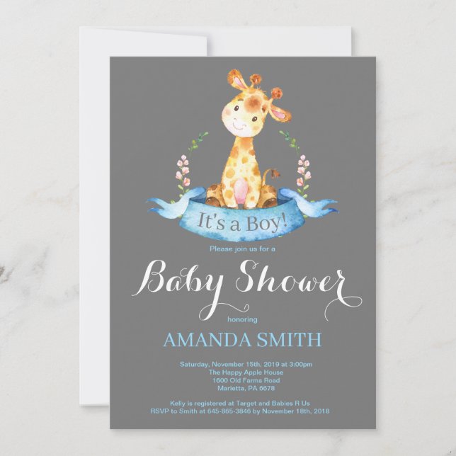 Boy Giraffe Baby Shower Invitation Blue and Gray (Front)