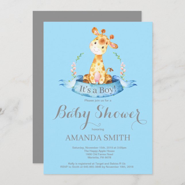 Boy Giraffe Baby Shower Invitation Blue and Gray (Front/Back)