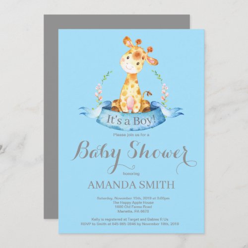 Boy Giraffe Baby Shower Invitation Blue and Gray