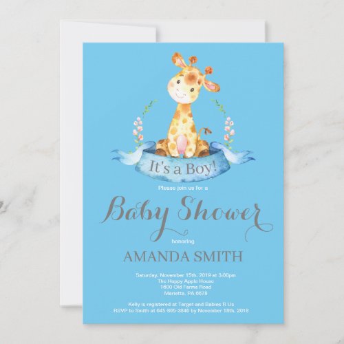 Boy Giraffe Baby Shower Invitation Blue and Gray