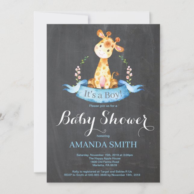 Boy Giraffe Baby Shower Invitation Chalkboard (Front)