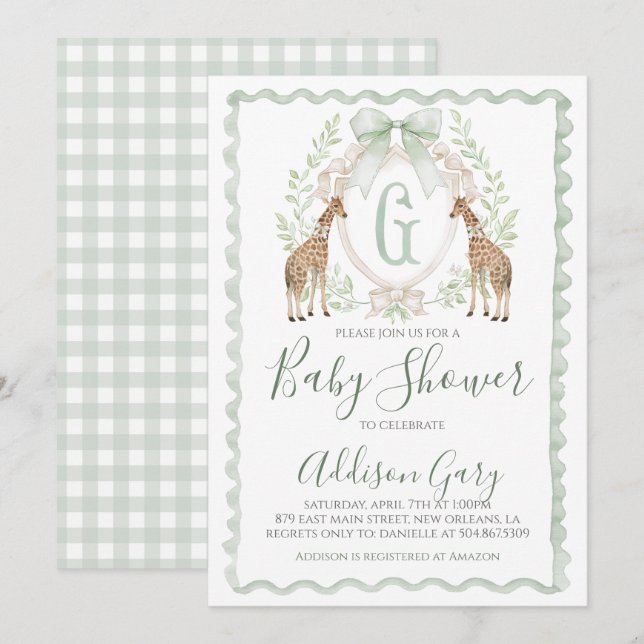 Boy Giraffe Baby Shower Preppy Sage Green Gingham Invitation (Front/Back)