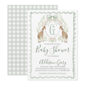 Boy Giraffe Baby Shower Preppy Sage Green Gingham Invitation
