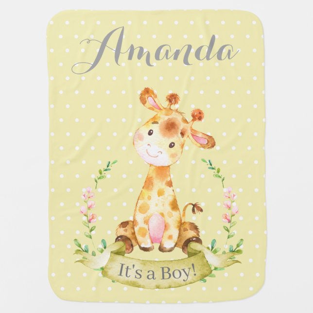 Boy Giraffe Baby Yellow and Gray Baby Blanket (Front)