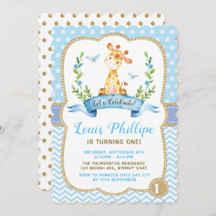 Boy Giraffe Birthday Invitation Blue & Gold Party