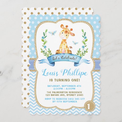 Boy Giraffe Birthday Invitation Blue  Gold Party