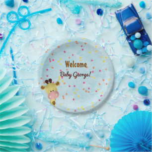 Boy Giraffe Blue Baby Shower Paper Plates