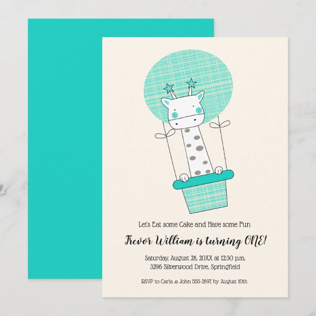 Boy Giraffe Hot Air Balloon First Birthday Party Invitation (Front/Back)