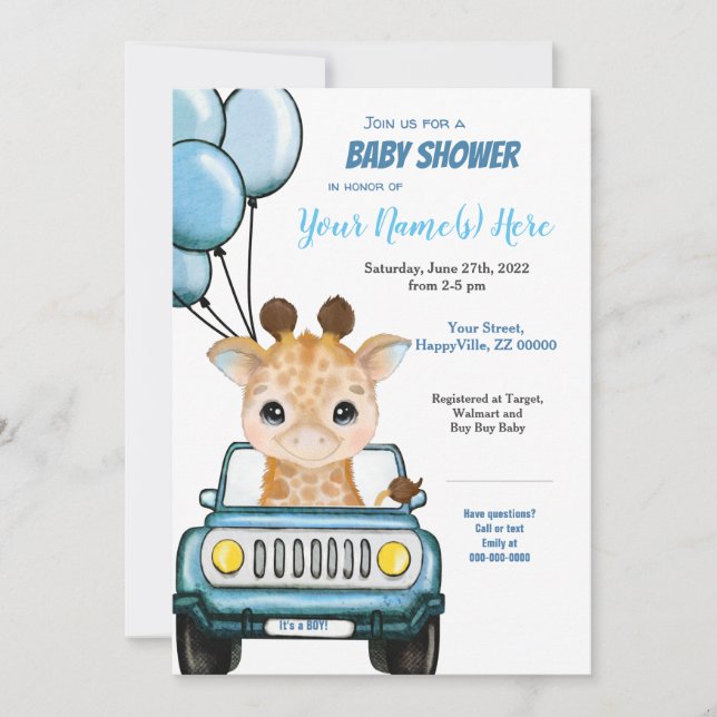 Boy Giraffe in Car Baby Shower Invitation Balloons (Front)