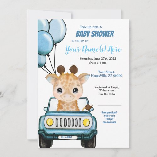 Boy Giraffe in Car Baby Shower Invitation Balloons