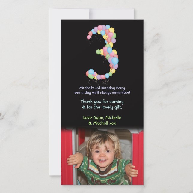 Boy Girl 3rd Birthday Balloons Thank You Photo Card (Front)