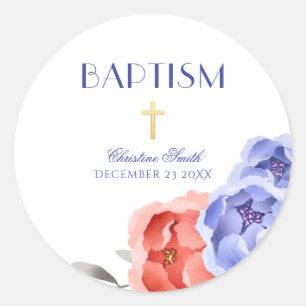 Boy Girl Baptism Christening Floral Peony Wreath Classic Round Sticker