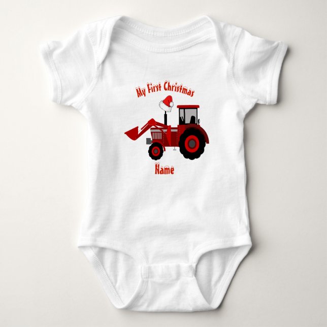 Boy Girl First Christmas Personalized RED TRACTOR Baby Bodysuit (Front)