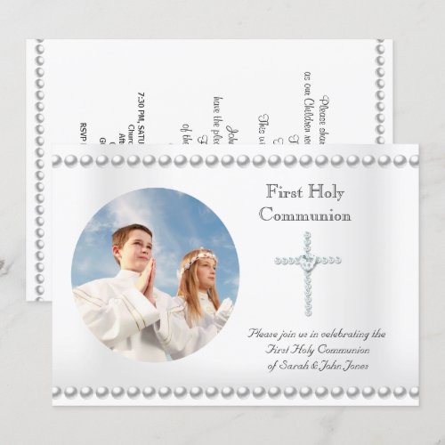 Boy Girl First Holy Communion White Cross Photo Personalized Invitation