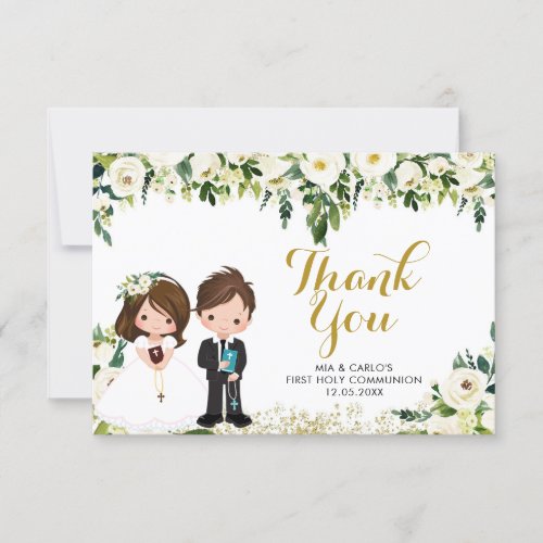 Boy Girl Floral First Communion Thank You Card