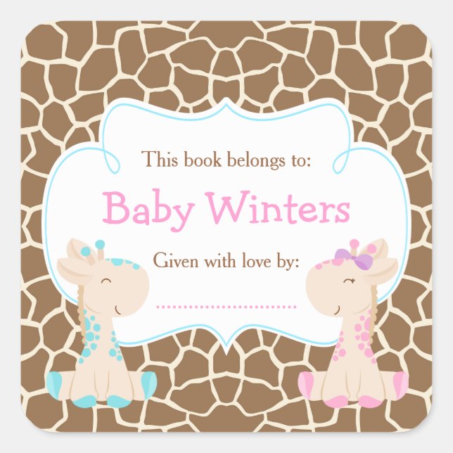 Boy & Girl Giraffe Pink & Blue Shower Bookplate (Front)