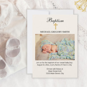 Boy Girl Gold Cross Religious Baptism Photo Invitation