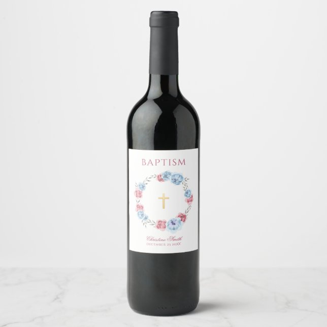 Boy Girl Modest Peony Wreath Christening Baptism Wine Label (Front)