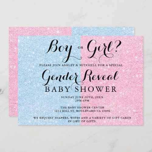 Boy girl pink blue glitter baby gender reveal invitation
