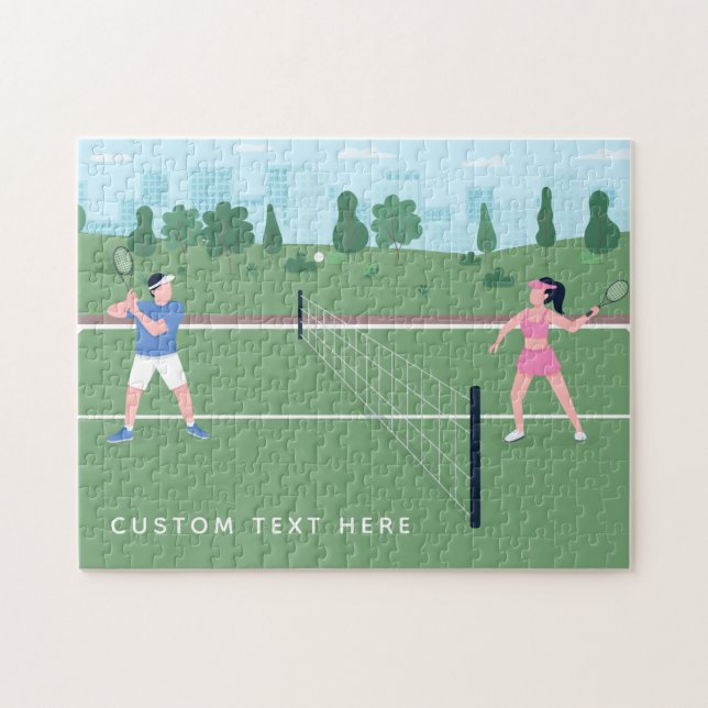Boy Girl Playing Tennis Green Illustration & Text Jigsaw Puzzle (Horizontal)