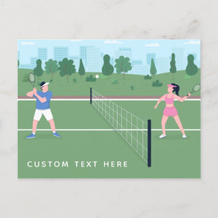 Boy Girl Playing Tennis Green Illustration & Text Postcard