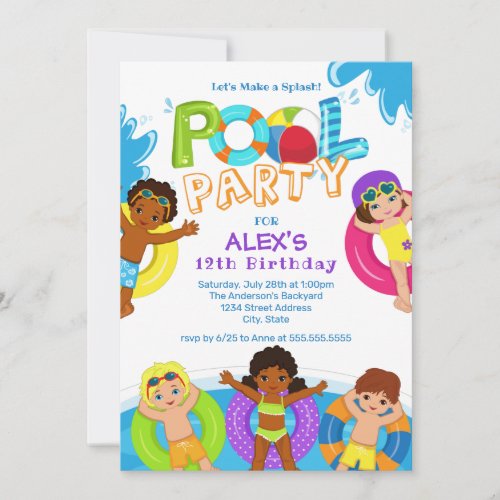 Boy Girl Pool Party 12th Birthday Invitation