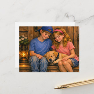 Boy, Girl & Puppy — Veterinary Clinic Postcard