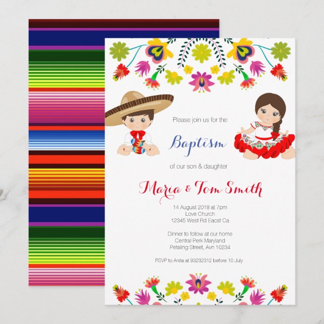 Boy Girl Siblings Christening Baptism Invitation (Front/Back)