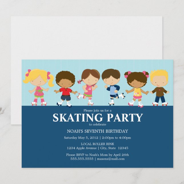 Boy/Girl Skaters | Blue Birthday Party Invite (Front/Back)