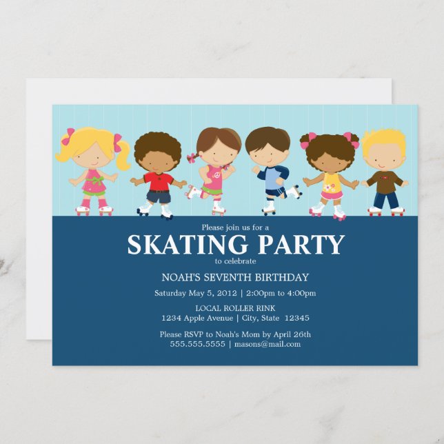 Boy/Girl Skaters | Blue Birthday Party Invite (Front/Back)
