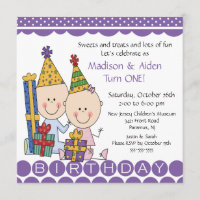 Boy & Girl Stick Figure Twins Birthday Invitation