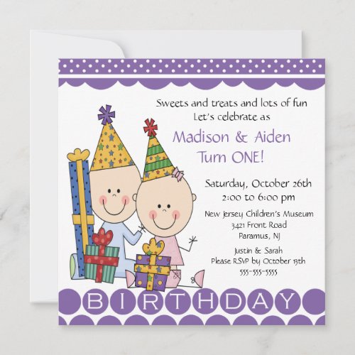 Boy &amp; Girl Stick Figure Twins Birthday Invitation