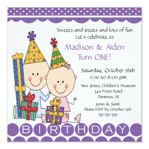 Boy & Girl Stick Figure Twins Birthday Invitation | Zazzle