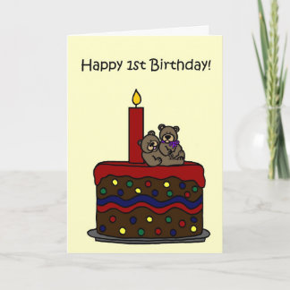 boy-girl twin bears on cake 1st birthday card