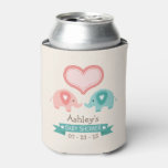 Boy &amp; Girl Twin Pink &amp; Teal Elephants Baby Shower Can Cooler at Zazzle