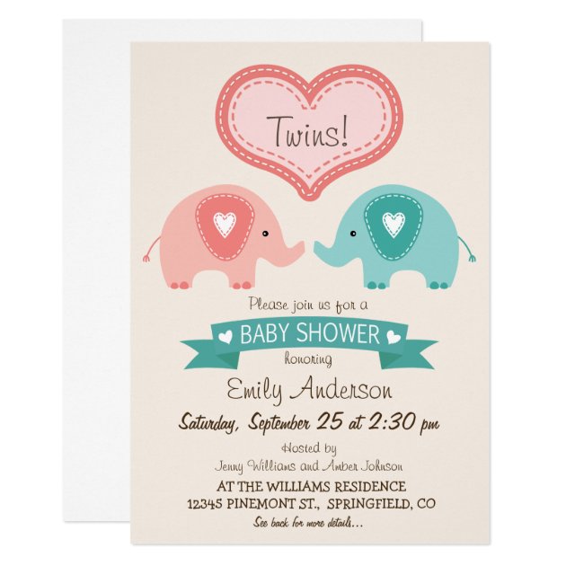 Boy & Girl Twin Pink & Teal Elephants Baby Shower Invitation