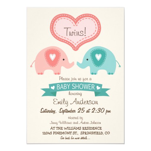 Twin Elephant Baby Shower Invitations 1