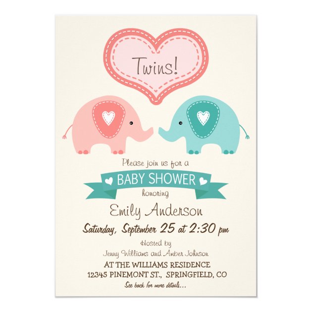 Boy & Girl Twin Pink & Teal Elephants Baby Shower Invitation
