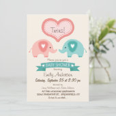 Boy & Girl Twin Pink & Teal Elephants Baby Shower Invitation (Standing Front)