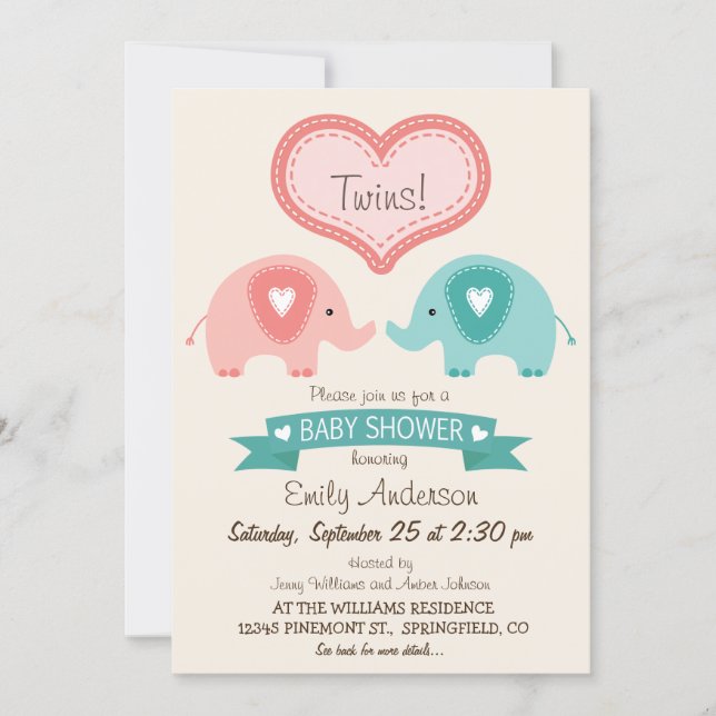 Boy & Girl Twin Pink & Teal Elephants Baby Shower Invitation (Front)