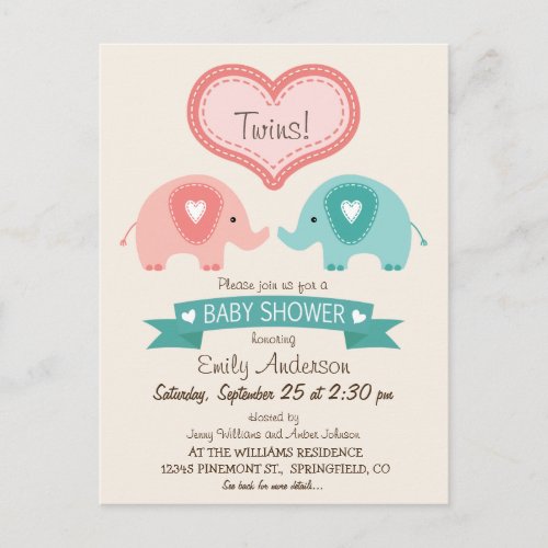 Boy  Girl Twin Pink  Teal Elephants Baby Shower Invitation Postcard