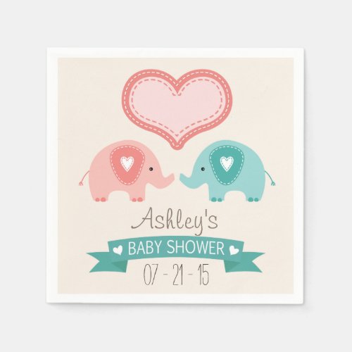 Boy  Girl Twin Pink  Teal Elephants Baby Shower Paper Napkins