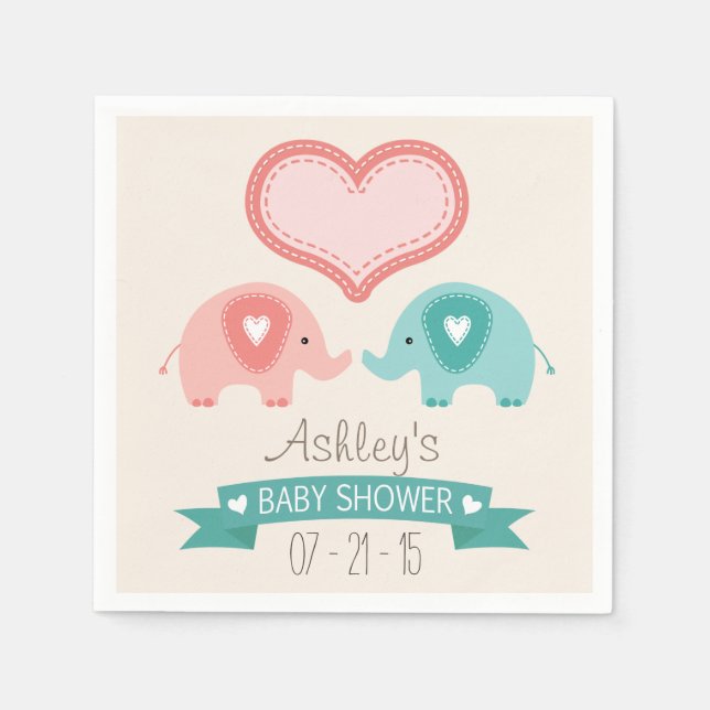 Boy & Girl Twin Pink & Teal Elephants Baby Shower Paper Napkins (Front)