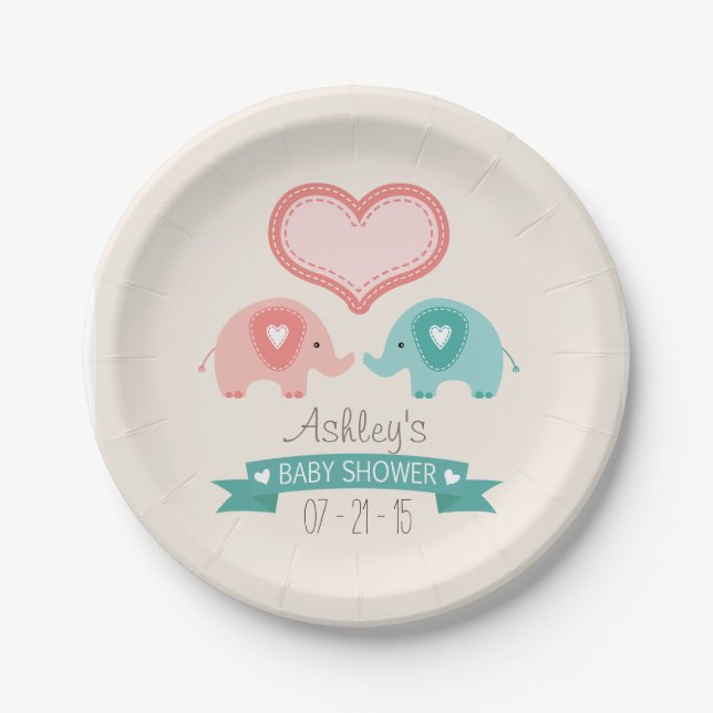 Boy & Girl Twin Pink & Teal Elephants Baby Shower Paper Plates (Front)