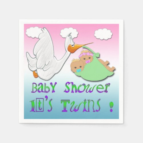 Boy  Girl Twins 2 _ Stork Baby Shower Paper Napki Napkins