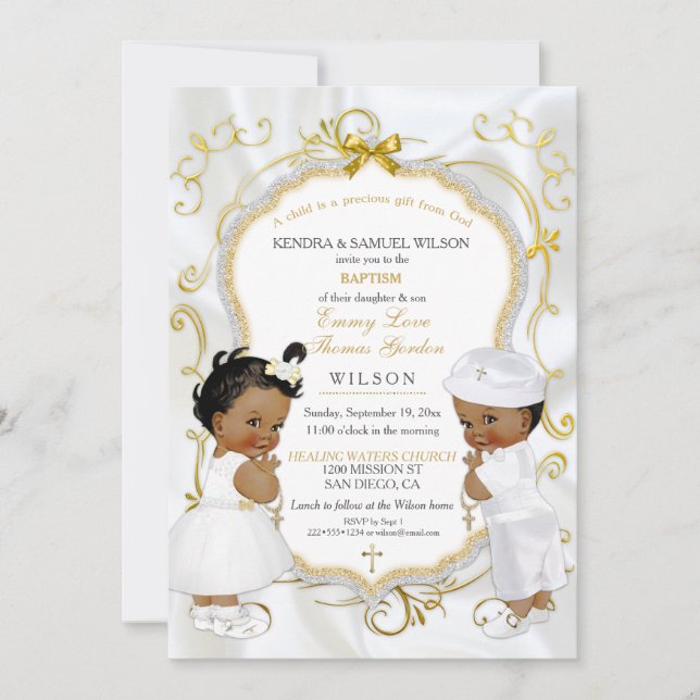 Boy & Girl Twins Baptism Christening Ethnic Invitation (Front)